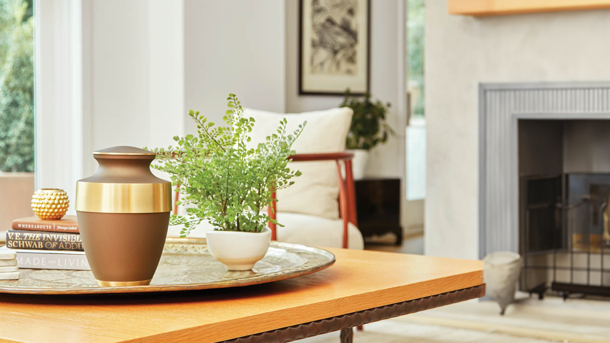 gold banded urn in home