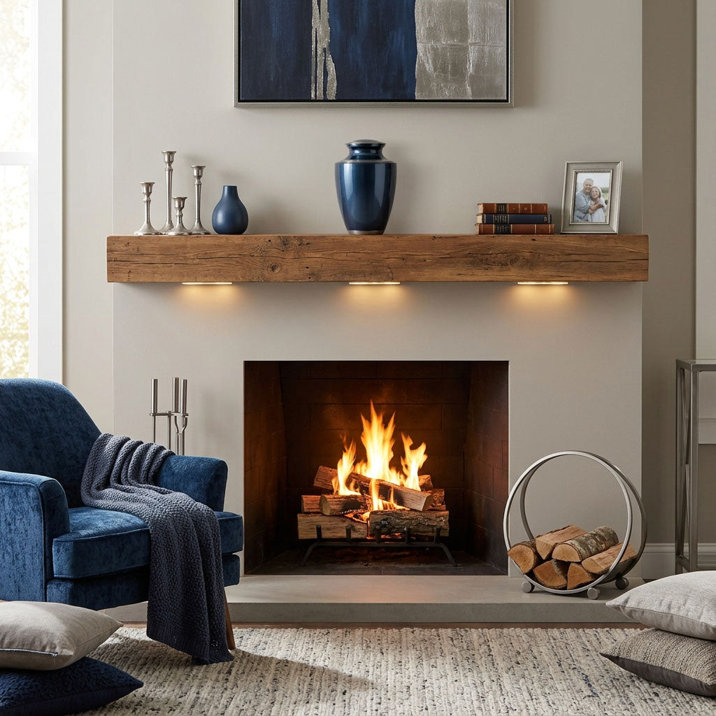 Modern metal urn in a dark blue, shimmery finish with pewter accents in a home decor setting above a fireplace.