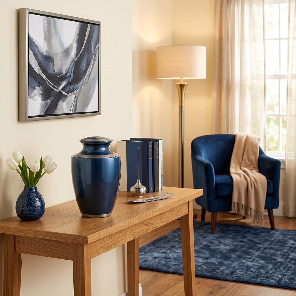 Modern metal urn in a dark blue, shimmery finish with pewter accents in a home decor setting.