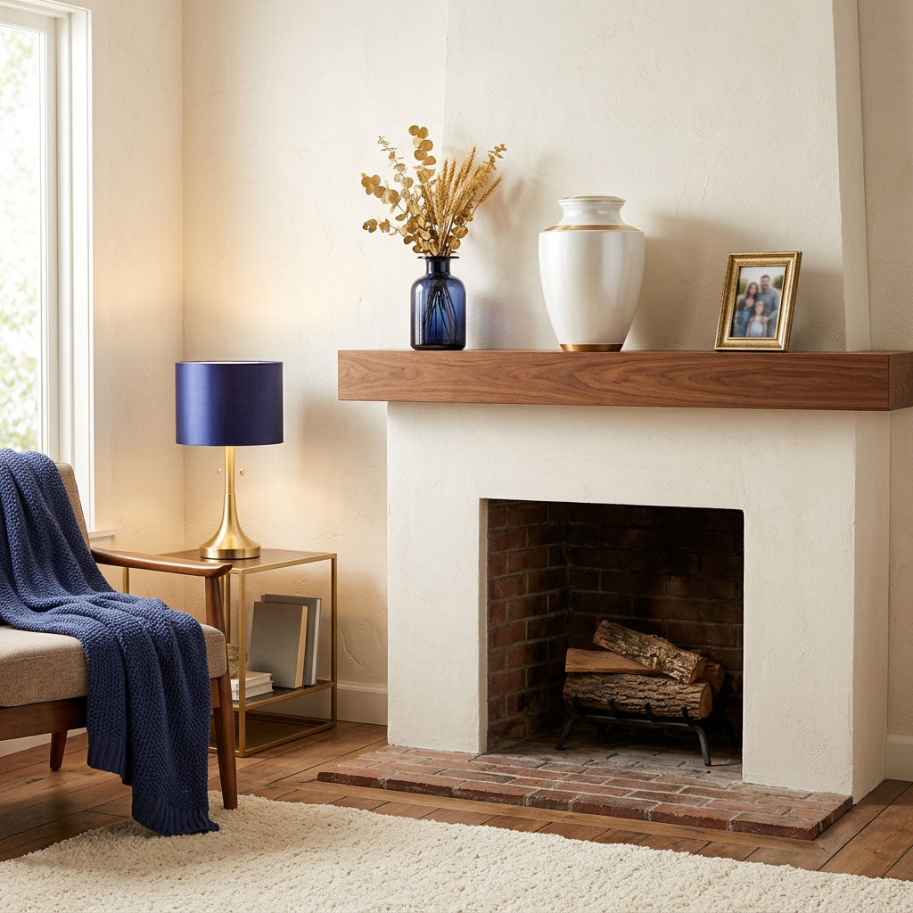 Elegant brass cremation urn with a luminous white finish and bronze accents in a home decor setting.