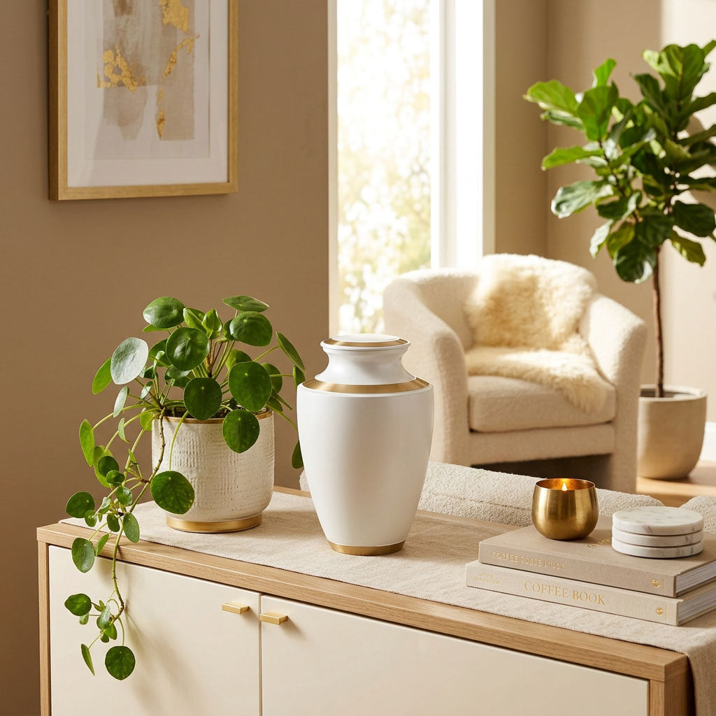 Brass cremation urn with a shimmery pearl finish and bronze accents in a home decor setting.