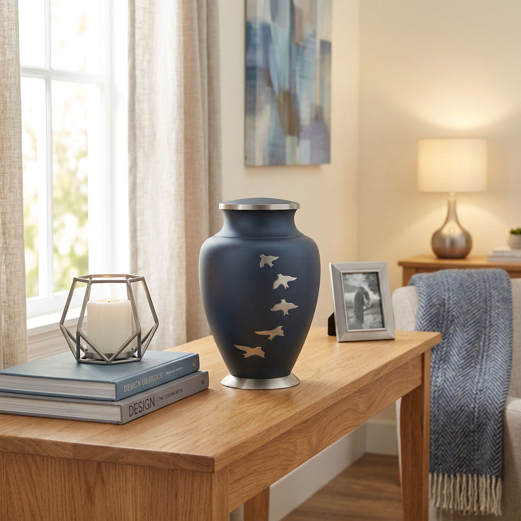 Blue metal urn with pewter bird silhouettes  flying in an arc up the urn in a home decor setting.