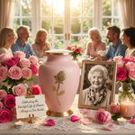 Brass cremation urn featuring a shimmering pink finish, gold accents, and an etched golden rose in a celebration of life setting.