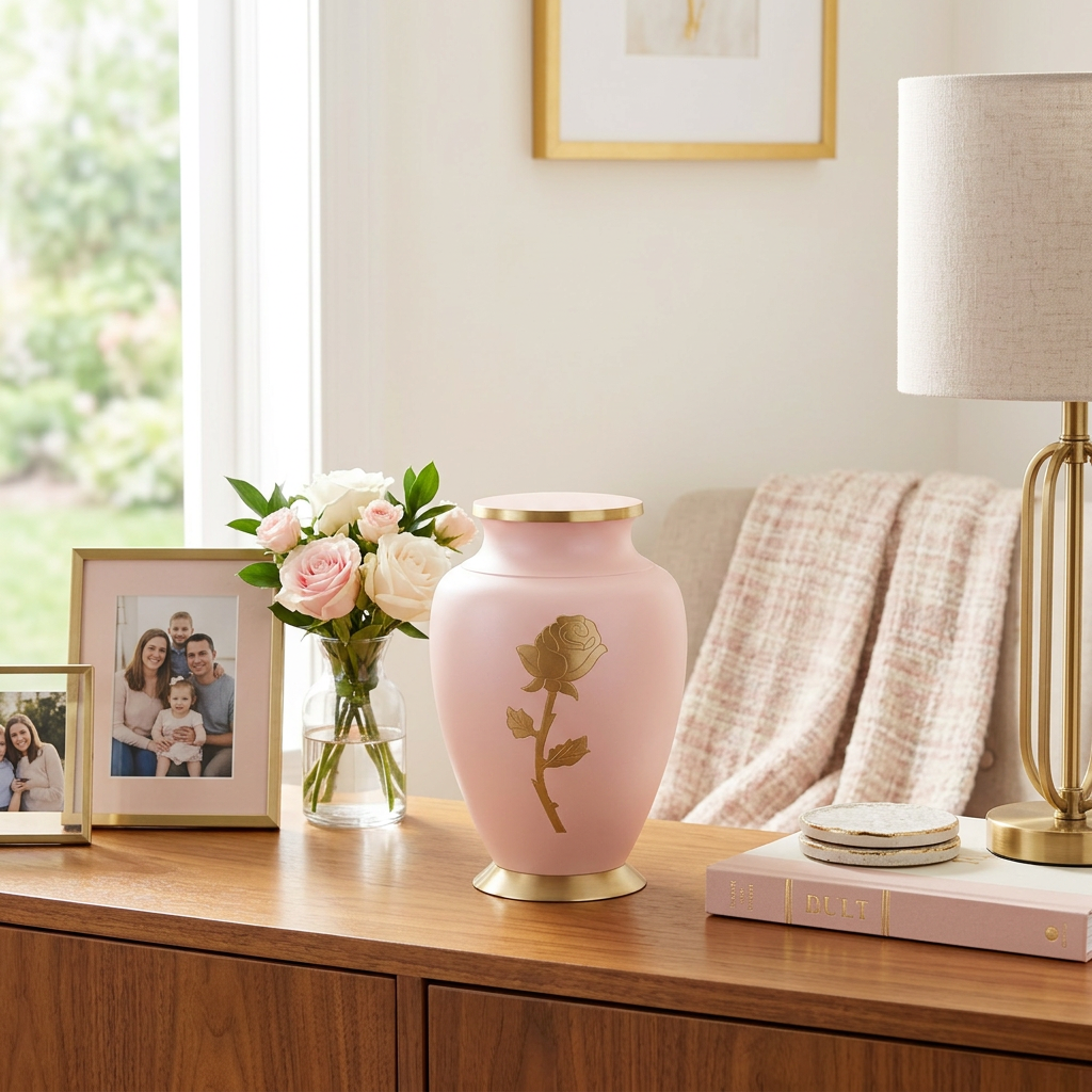 Brass cremation urn featuring a shimmering pink finish, gold accents, and a golden rose in a home decor setting.