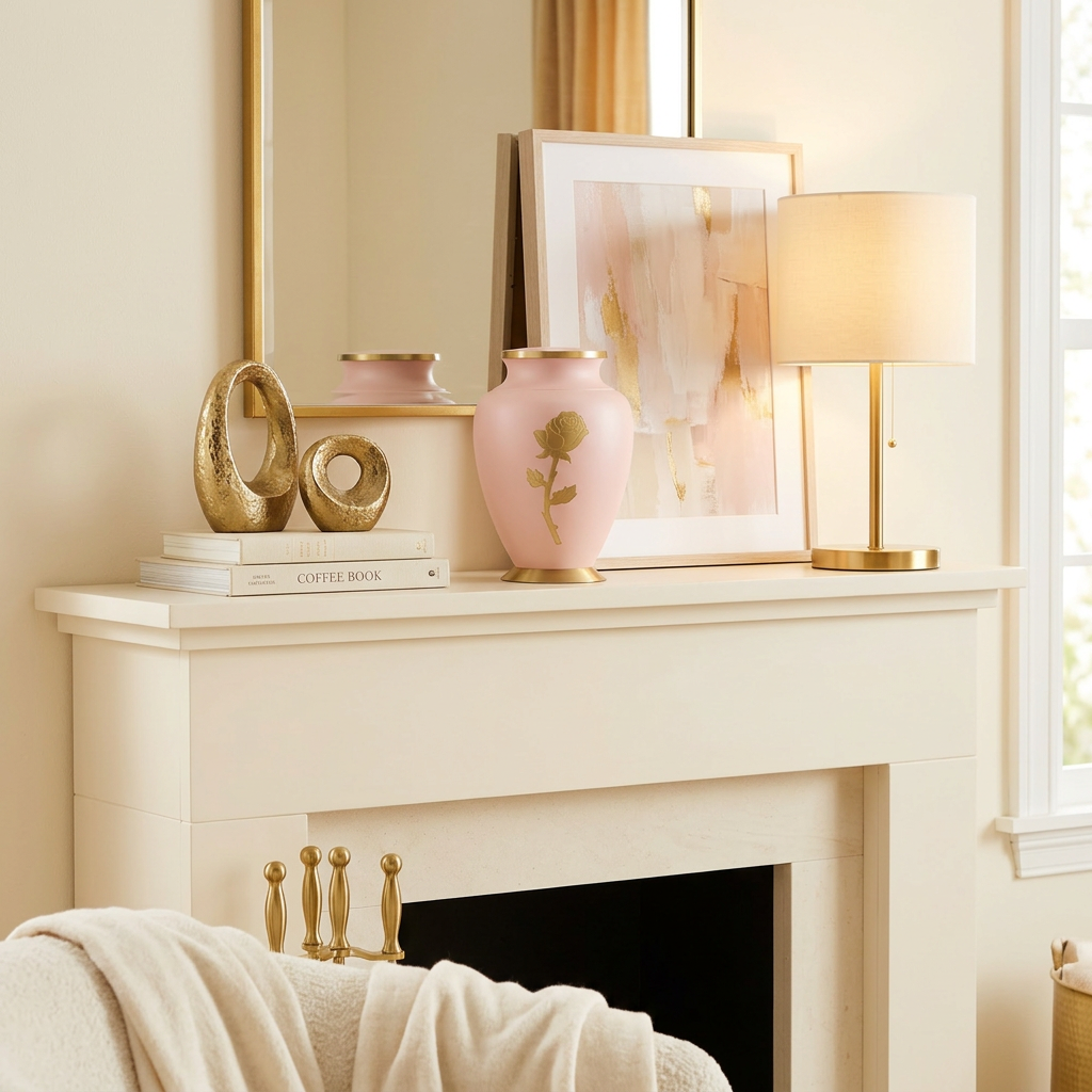 Metal cremation urn featuring a shimmering, soft pink finish, bronze accents, and a golden rose in a home decor setting.