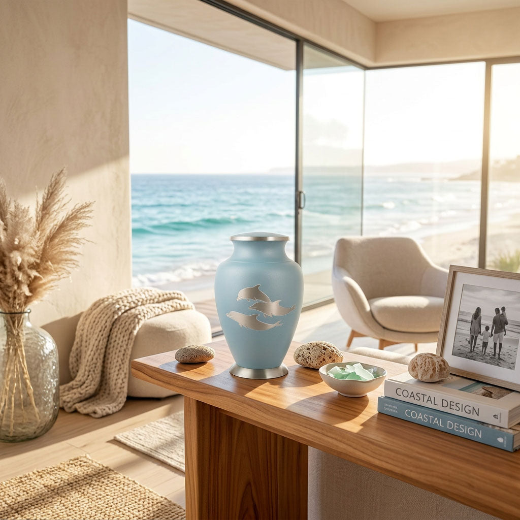Brass cremation urn in a light teal finish featuring three pewter dolphin silhouettes in a home decor setting by the ocean.