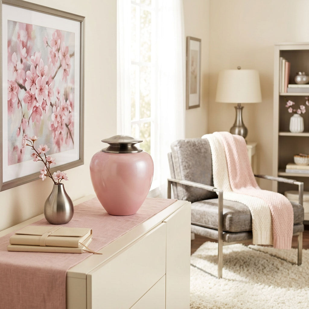 Large, metal cremation urn featuring a shimmery pearl pink finish in and Asian-inspired home decor setting.