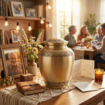 Brass cremation urn in a classic silhouette featuring 2 bands with etched leaves in a celebration of life setting.