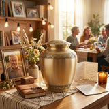 Brass cremation urn in a classic silhouette featuring 2 bands with etched leaves in a celebration of life setting.