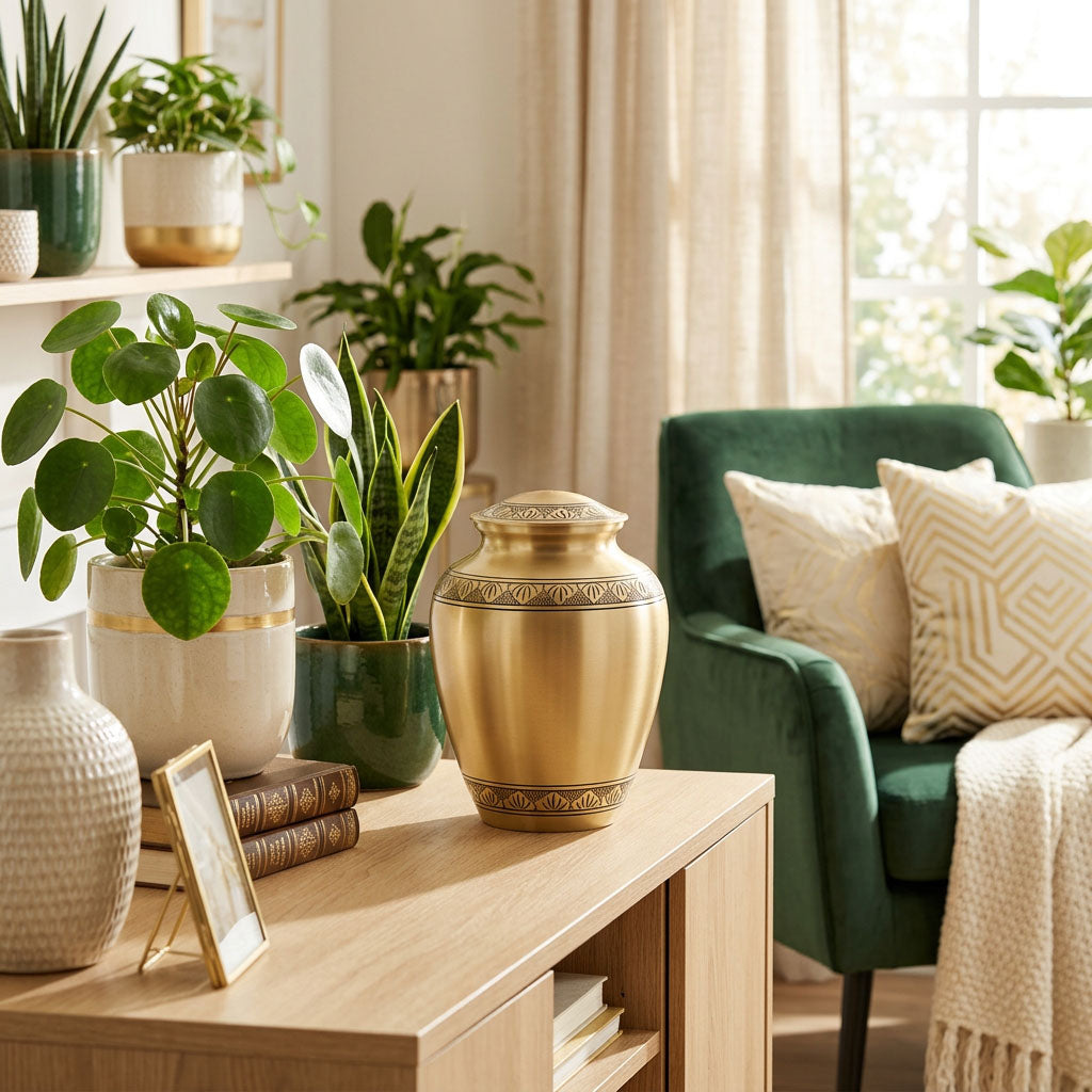 Large, metal traditional cremation urn featuring a bronze finish and etched leaf bands wrapping around the urn and lid in a home decor setting.