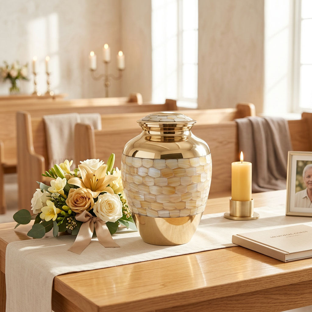 Metal cremation urn with mother of pearl inlay in a funeral service setting.