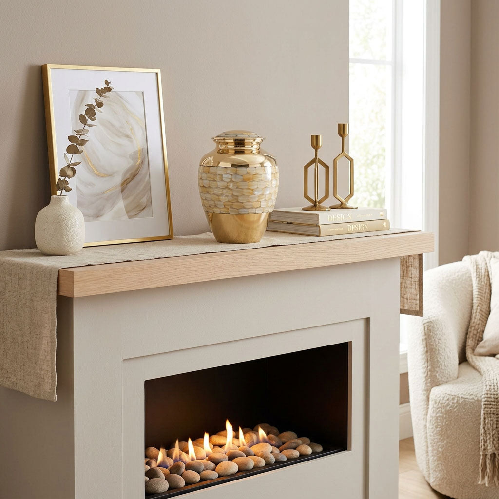 Metal cremation urn with mother of pearl inlay in a home decor setting above a fireplace.