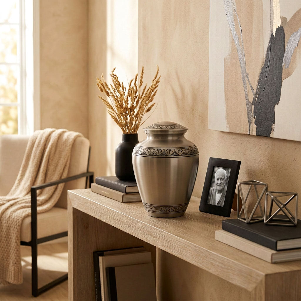 Traditional metal cremation urn featuring two etched leaf bands in a home decor setting.