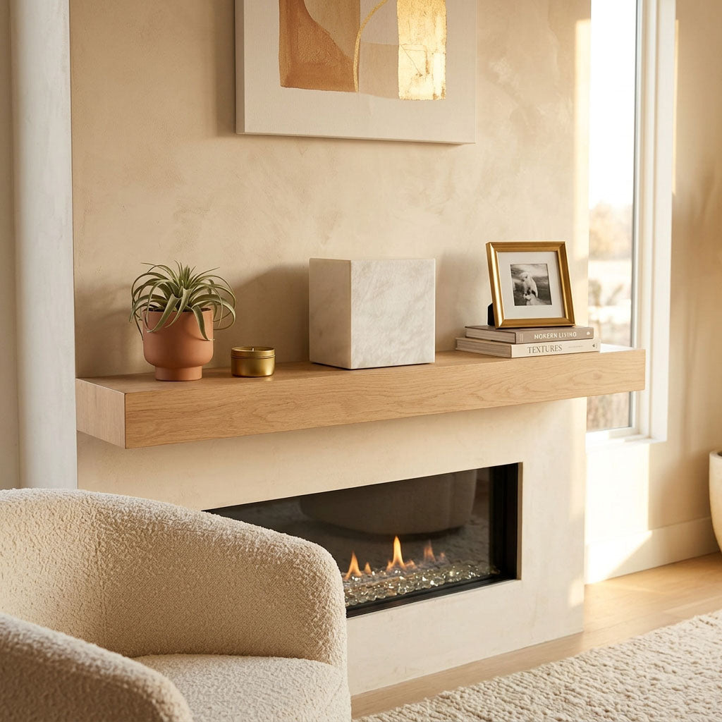 Natural white marble cremation urn with grey veining above a fireplace.