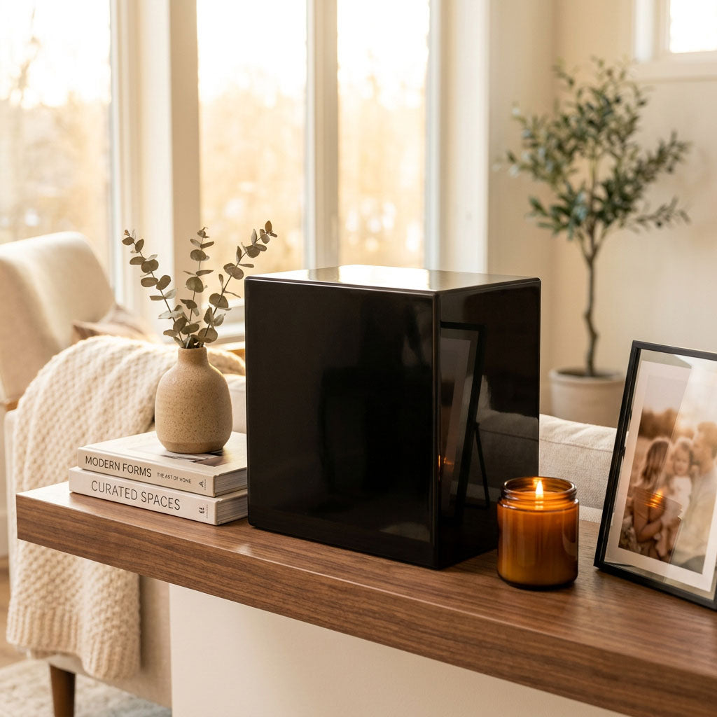 Natural black marble box cremation urn in a home decor setting.