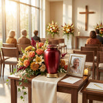Red metal cremation urn in a traditional shape with gold accent in a funeral service setting.