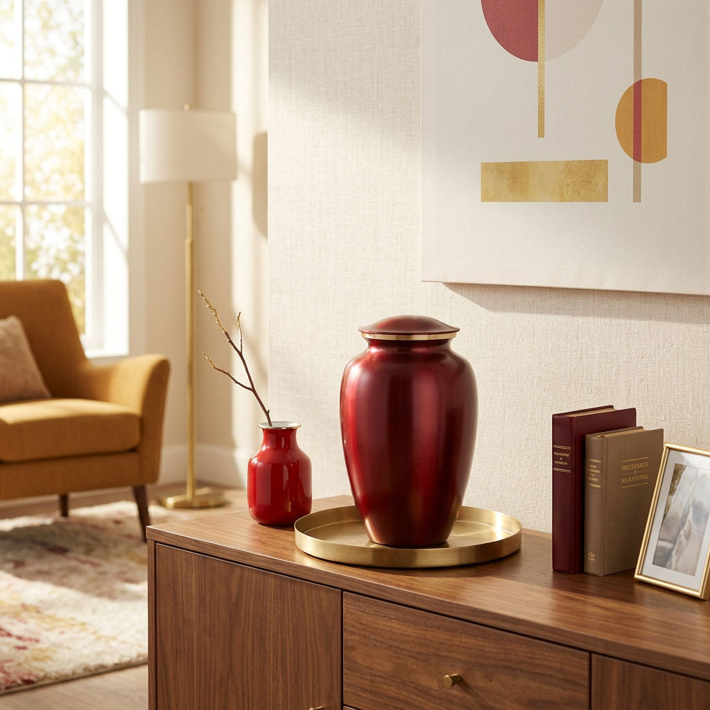 Red metal cremation urn in a traditional shape with gold accent in a home decor setting on a cabinet.