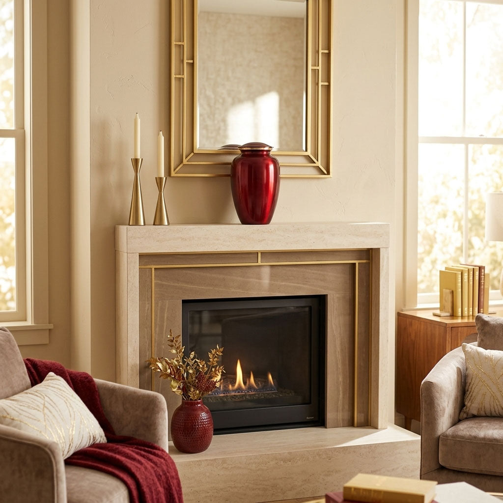 Red metal cremation urn in a traditional shape with gold accent in a home decor setting above a fireplace.