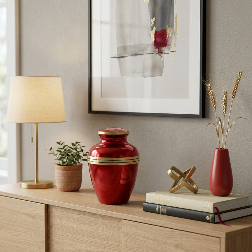 Red urn with metallic finish featuring a gold band in a home decor setting on a dresser.
