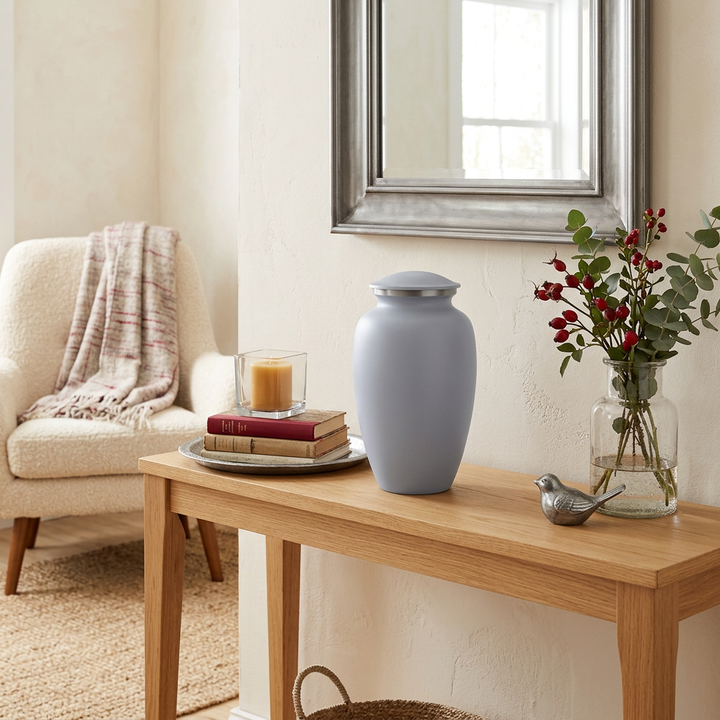 Elegant metal greyish white cremation urn in a home decor setting.