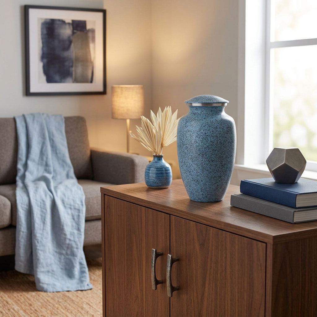 Traditional metal urn featuring a two-tone blue, speckled finish in a home decor setting.