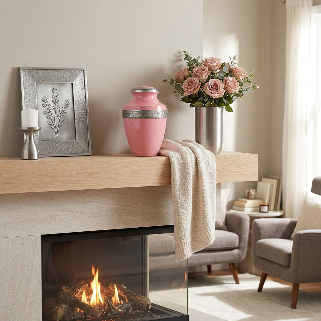 Metal cremation urn in vibrant pink finish with pewter floral band in a home decor setting.