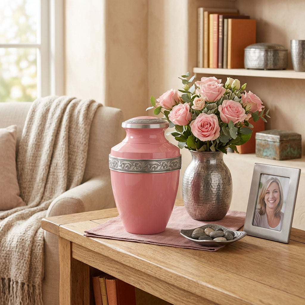 Metal cremation urn in vibrant pink finish with pewter floral band lifestyle.