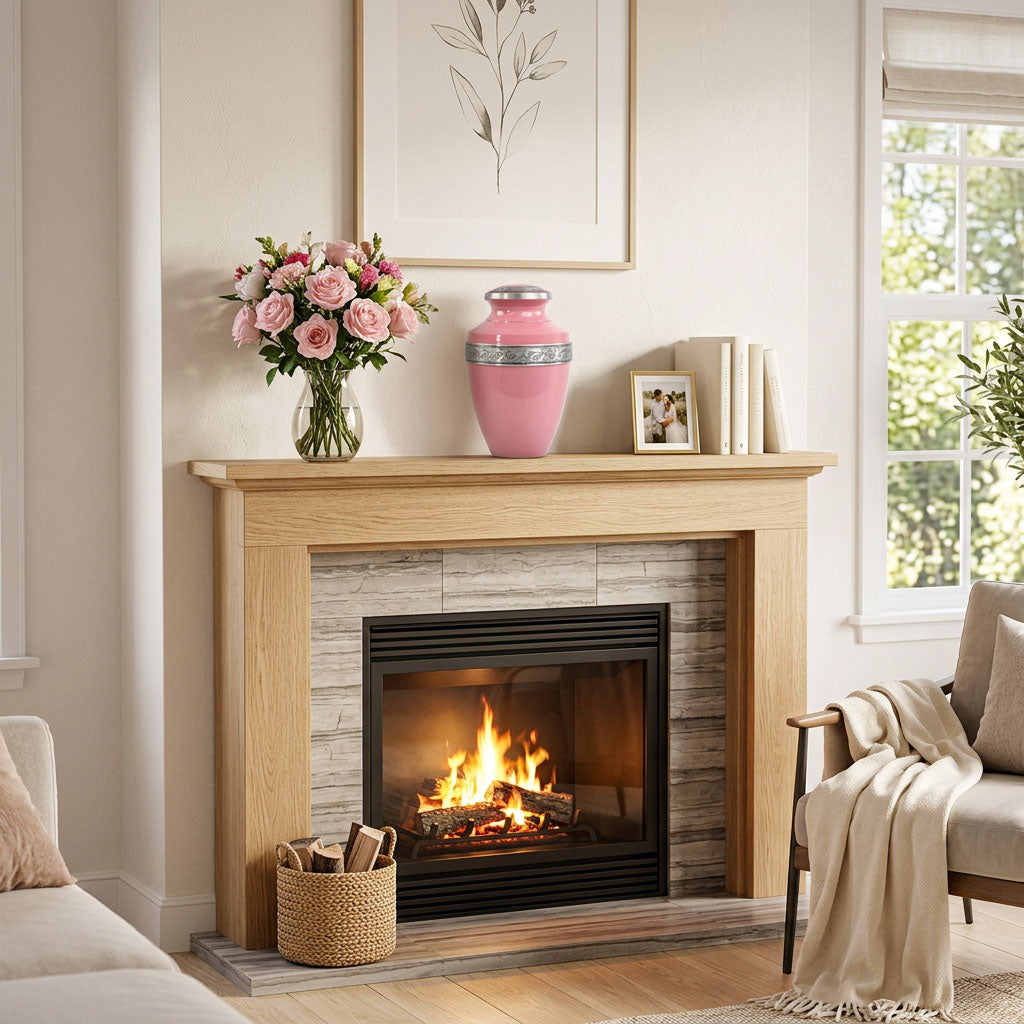Metal cremation urn in vibrant pink finish with pewter floral band above a fireplace.