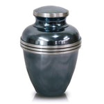 Metal metallic blue banded cremation urn in large main image.