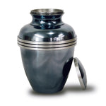 Metal metallic blue banded cremation urn in large showing threaded lid.