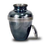 Metal metallic blue banded cremation urn in large showing threaded lid.