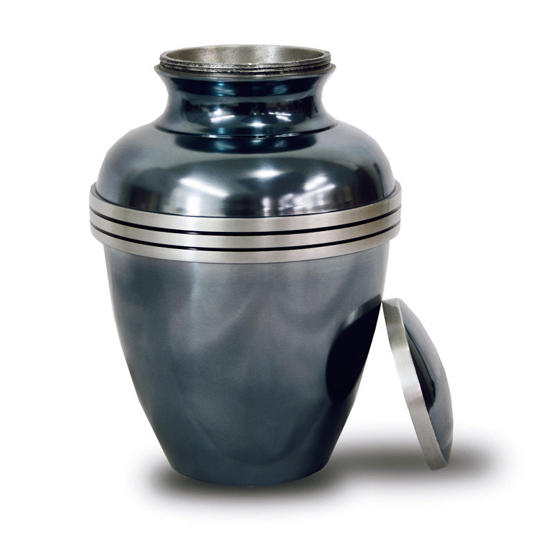 Metal metallic blue banded cremation urn in large showing threaded lid.