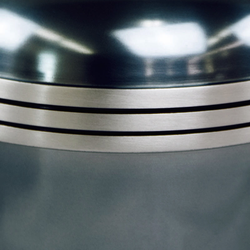 Metal metallic blue banded cremation urn in large detail image of band.