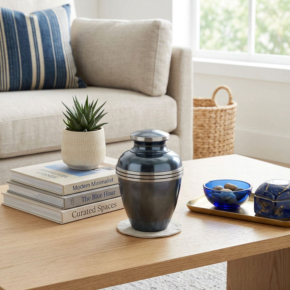 Medium metallic blue banded cremation urn in a home decor setting on a coffee table.