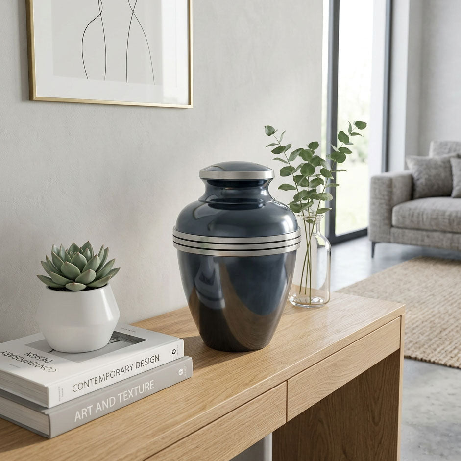 Metal metallic blue banded cremation urn in large in a home decor setting.