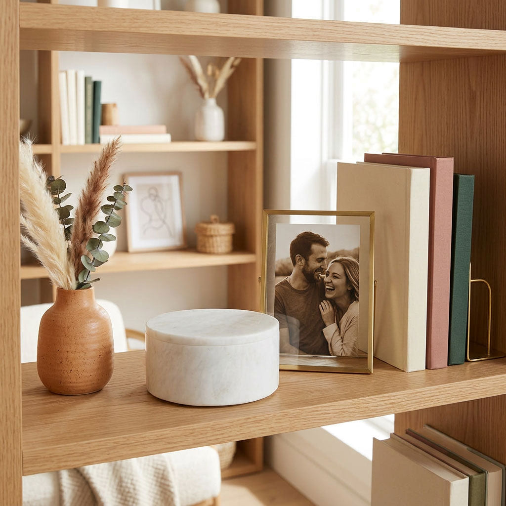 Natural white marble cremation keepsake in a home decor setting on a bookshelf.