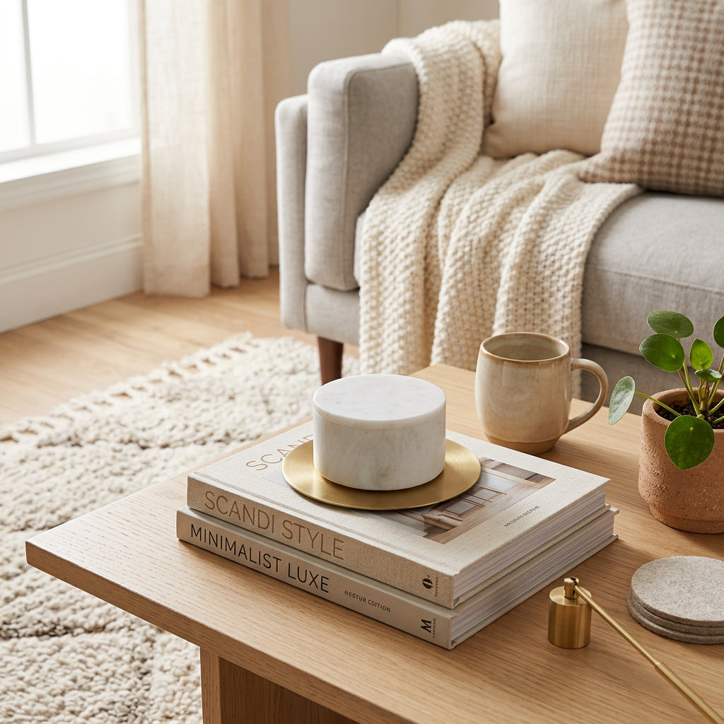 Natural white marble cremation keepsake in a home decor setting on a coffee table.