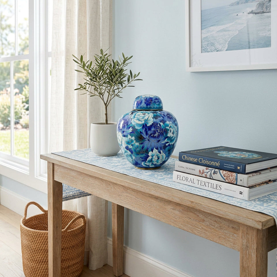 Blue floral cloisonne urn with gold accents in a home decor setting.