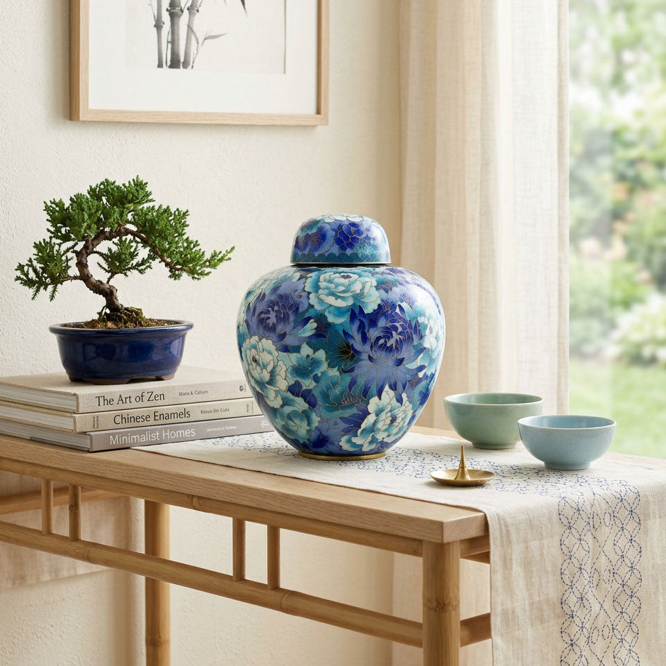 Blue floral cloisonne urn with gold accents in a home decor setting on a table.