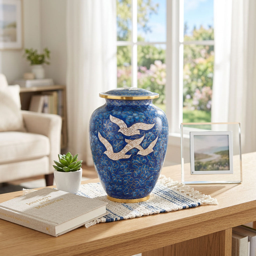 Blue cloisonne urn featuring soaring doves, floral background, gold accents in a home decor setting.