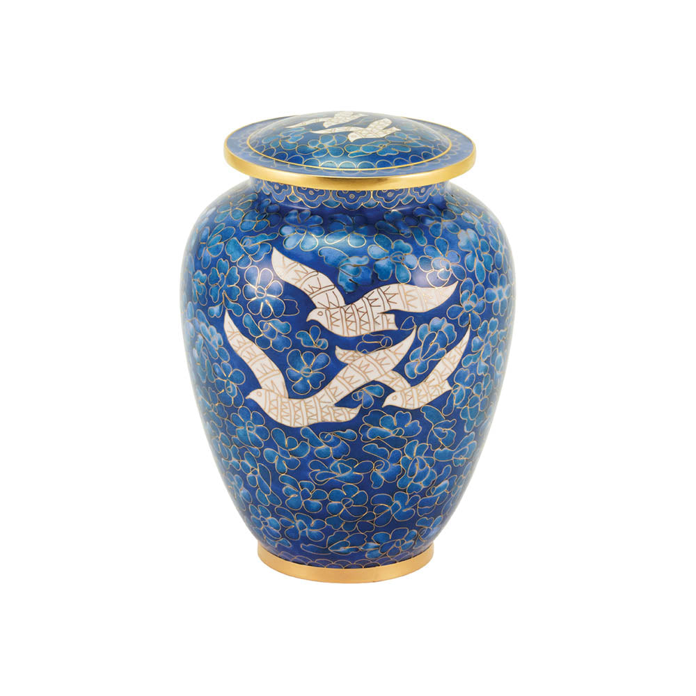 Vibrant blue cloisonne cremation urn featuring soaring doves with floral background and gold accents.