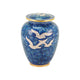Vibrant blue cloisonne cremation urn featuring soaring doves with floral background and gold accents.