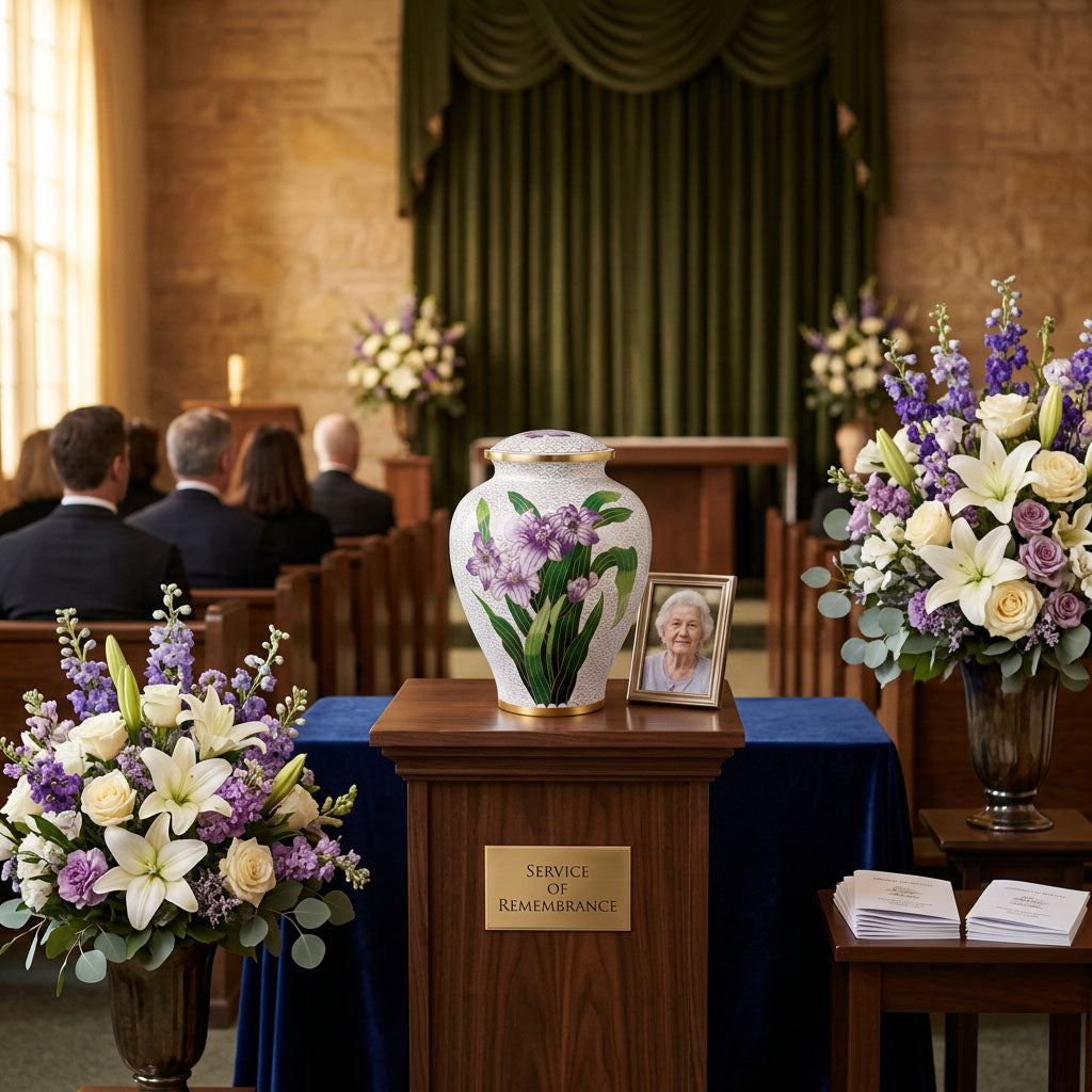 Vibrant white cloisonne cremation urn featuring purple irises with gold accents in a traditional funeral service setting.