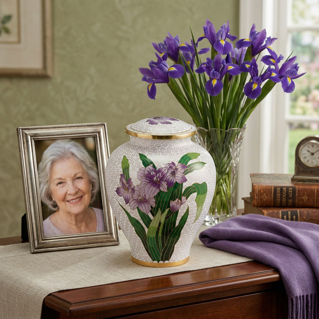 Vibrant white cloisonne cremation urn featuring purple irises with gold accents in a home decor setting.