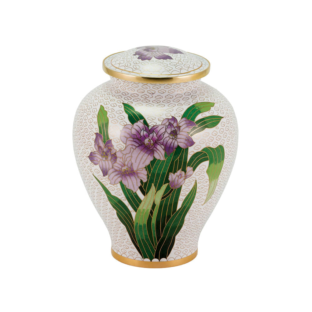 Vibrant white cloisonne cremation urn featuring purple irises with gold accents, main image.