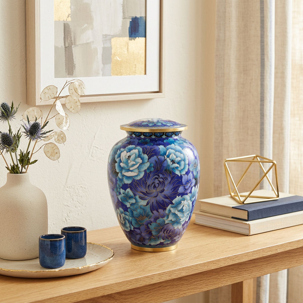 Blue Cloisonne Cremation Urn In Large with gold accents in a home decor setting on a table.