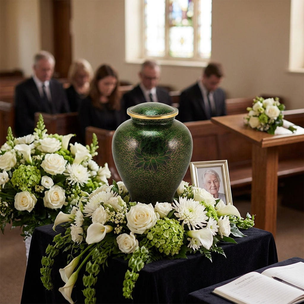 Green cloisonne urn featuring a delicate floral motif and gold accents in a funeral service setting.