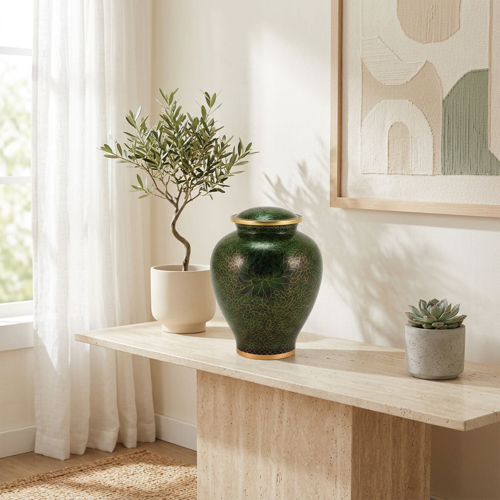 Green cloisonne urn featuring a delicate floral motif and gold accents in a home decor setting.