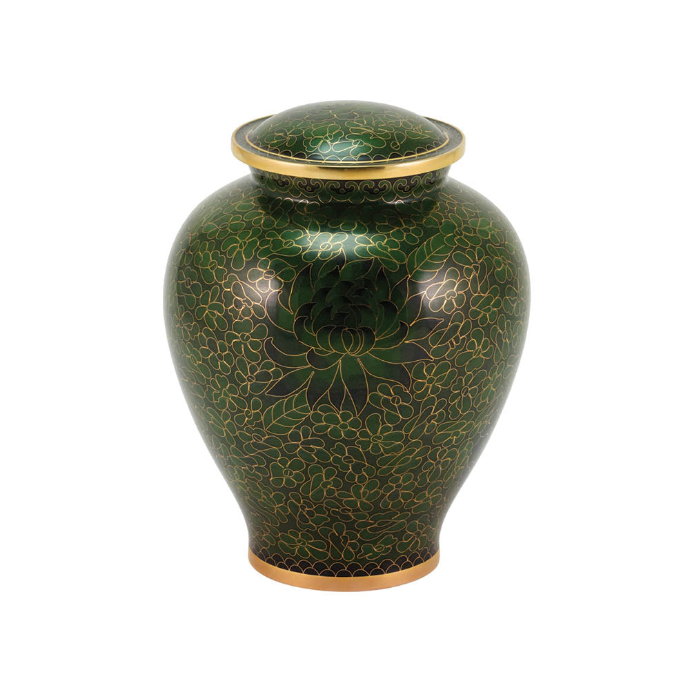 Green cloisonne urn featuring a delicate floral motif and gold accents, main image.