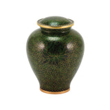 Green cloisonne urn featuring a delicate floral motif and gold accents, main image.